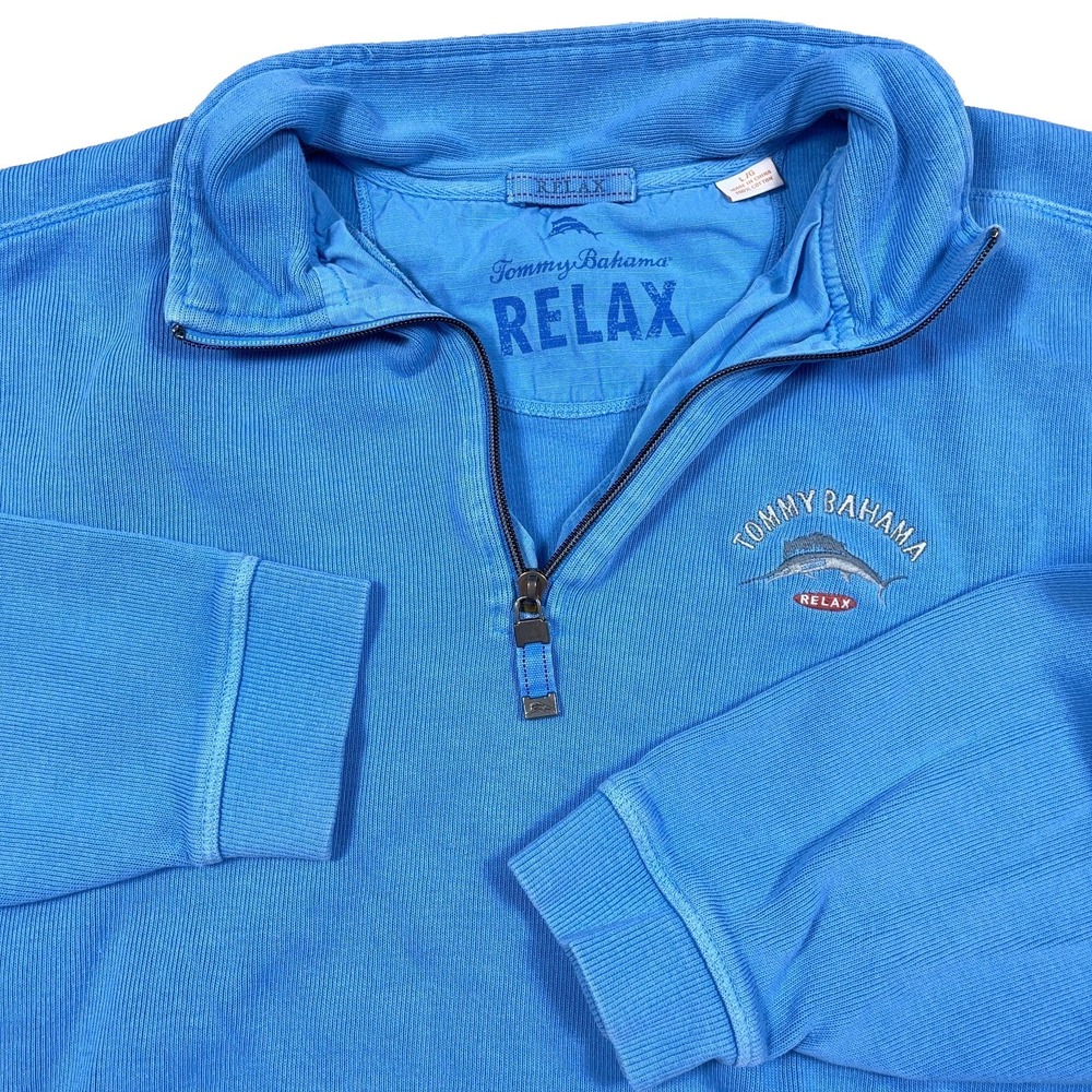 Tommy Bahama Sweater Men Large Light Blue Pullover Quarter Zip Sweatshirt Relax